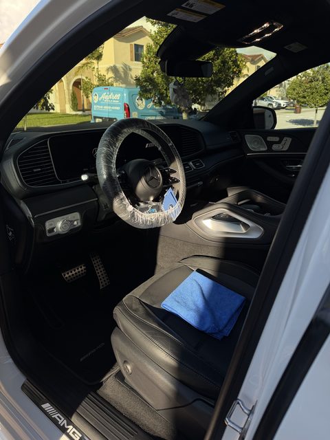 Mercedes-AMG GLE interior after detailing, steering wheel covered during service