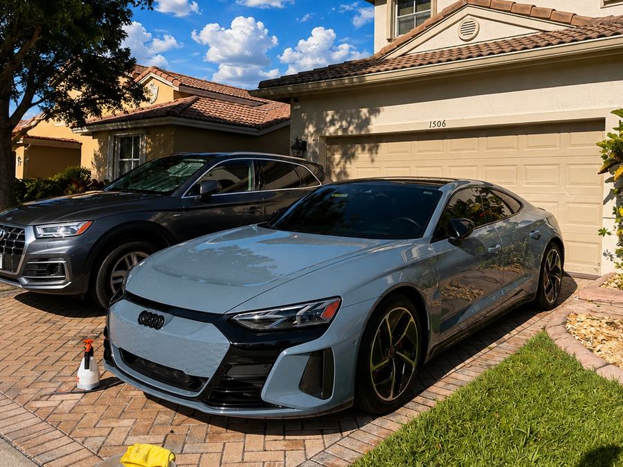 Two cars detailed in a Broward driveway — maintenance plan customers