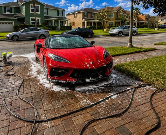 Red Corvette covered in foam during a two-step wash