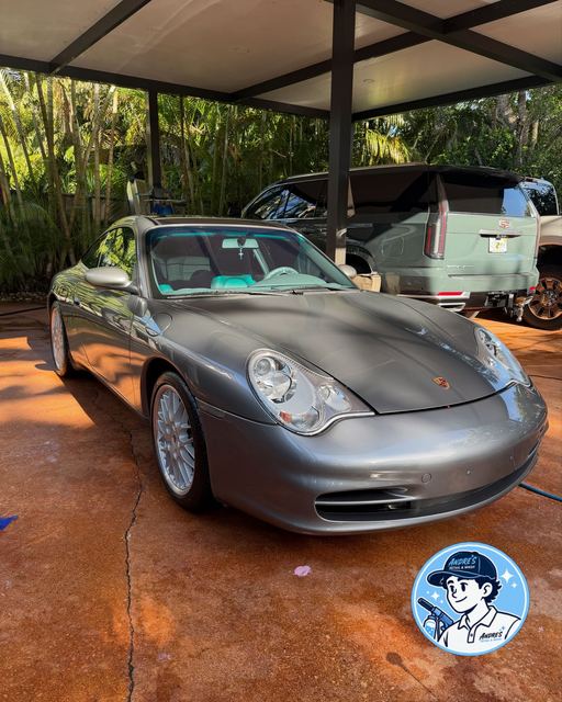 Silver Porsche 911 after a full detail under a carport