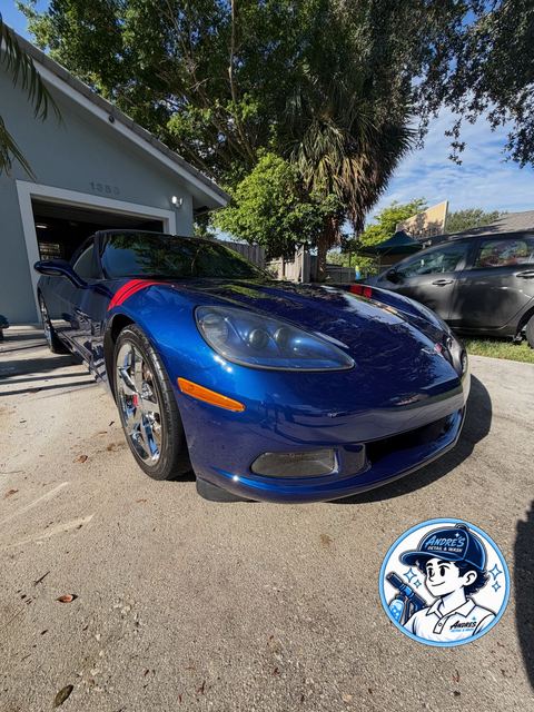 Blue Corvette after a full detail in a Broward driveway